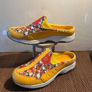 Easy Spirit Womens Size 10W Yellow Floral Leather Textile Comfort Clogs Slip On